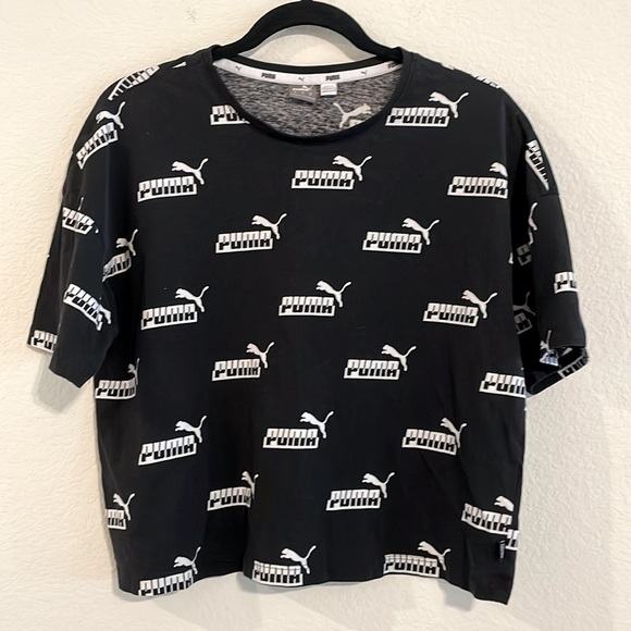 Puma Women T-Shirt Medium Black Logo Print Cotton Athletisure Streetwear Workout - Picture 4 of 12